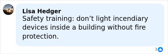 Comment about safety training warning against lighting incendiary devices inside buildings, related to waitress who escaped Swiss bar fire