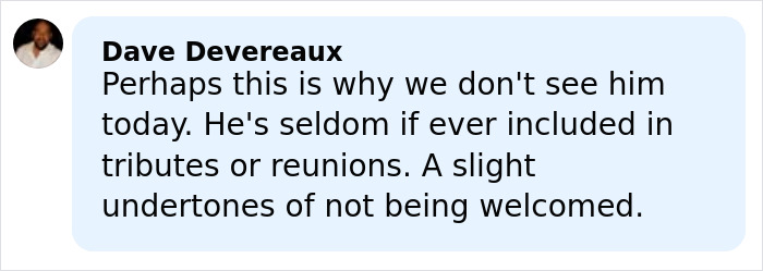 Comment by user Dave Devereaux discussing why Chevy Chase is seldom included in tributes or reunions. Comment by user Dave Devereaux discussing why Chevy Chase is seldom included in tributes or reunions.