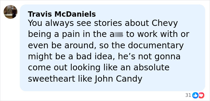 Screenshot of a Facebook comment discussing Chevy Chase's N-Word scandal and the impact of a new documentary. Screenshot of a Facebook comment discussing Chevy Chase's N-Word scandal and the impact of a new documentary.