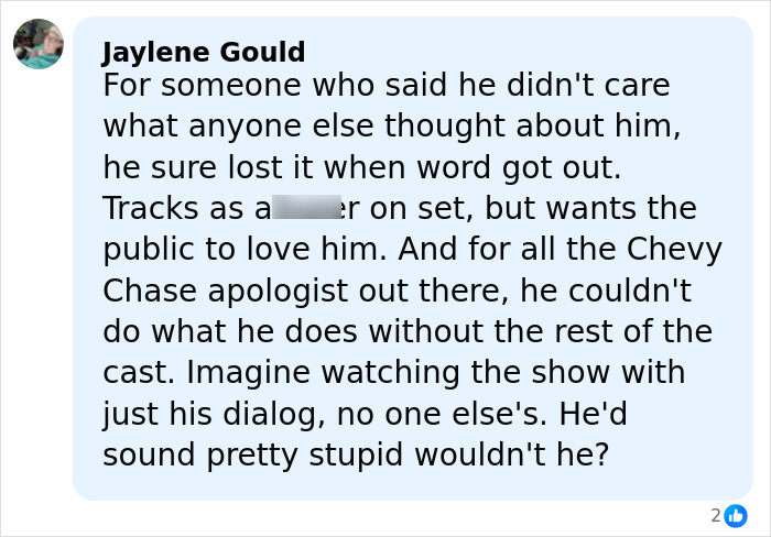 Comment by Jaylene Gould discussing Chevy Chase's behavior and the controversy around his language on set. Comment by Jaylene Gould discussing Chevy Chase's behavior and the controversy around his language on set.