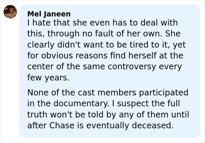 User comment discussing Chevy Chase's N-word scandal and 'Community' actress reacting to new documentary controversy. User comment discussing Chevy Chase's N-word scandal and 'Community' actress reacting to new documentary controversy.