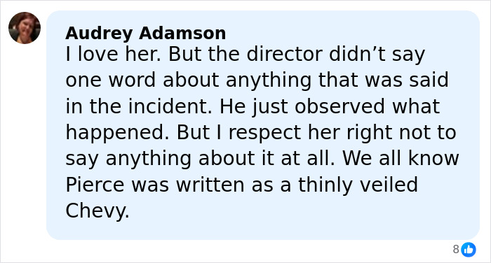 Comment from Audrey Adamson on Chevy Chase scandal, discussing director's silence and actress's choice to not speak on incident. Comment from Audrey Adamson on Chevy Chase scandal, discussing director's silence and actress's choice to not speak on incident.
