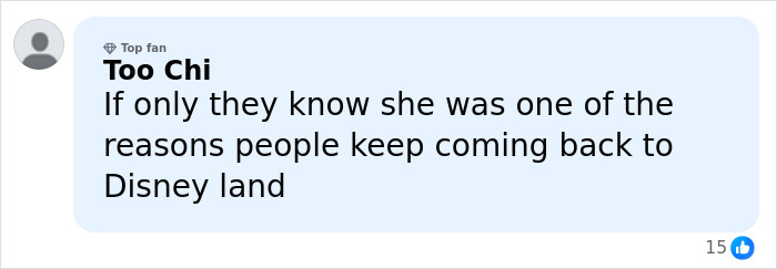 Comment from top fan Too Chi expressing how the viral Evil Queen attracted visitors to Disneyland before getting fired.