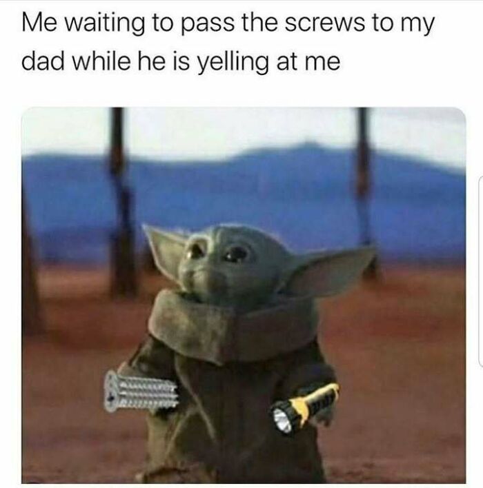 Baby Yoda holding screws and a flashlight, humorously capturing the Eastern European experience of family interactions.