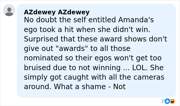 Screenshot of a netizen comment criticizing Amanda Seyfried&rsquo;s reaction as a terrible loser after Golden Globes losses.