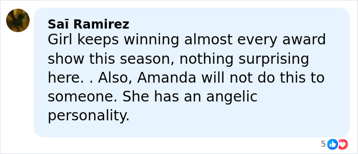 User comment about Amanda Seyfried's reaction to Golden Globes loss, sparking mixed netizen opinions online.