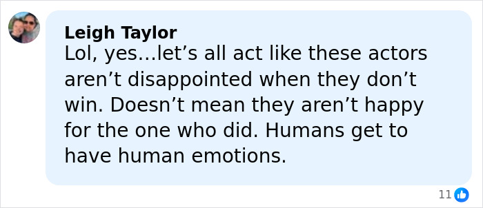 Comment expressing that actors can feel disappointment after losing awards, relating to Amanda Seyfried&rsquo;s reaction at Golden Globes.