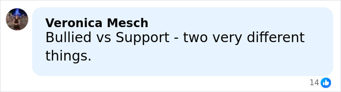 Comment on social media by Veronica Mesch contrasting bullying and support, related to Ryan Reynolds legal battle texts.