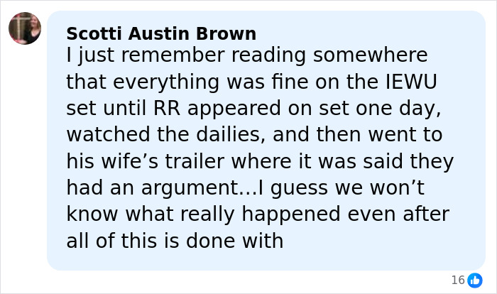 Comment about Ryan Reynolds and Justin Baldoni legal battle, discussing on-set events and argument details.