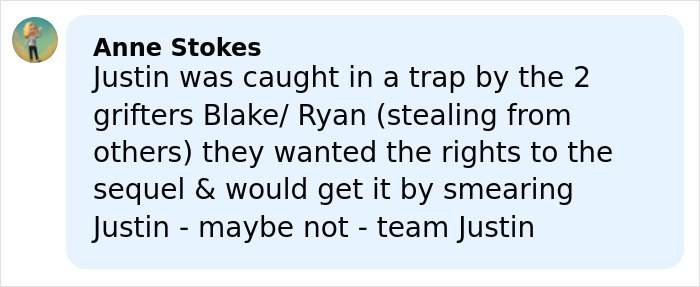 Screenshot of a social media comment discussing Ryan Reynolds and Justin Baldoni legal battle texts revealing case details.