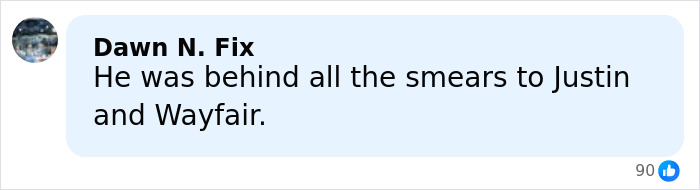 Comment mentioning Ryan Reynolds and Justin Baldoni legal battle, highlighting the smear campaign in the case discussion.