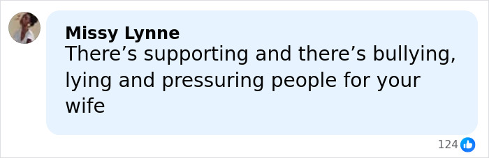 Comment by Missy Lynne discussing bullying and pressure related to Ryan Reynolds legal battle texts shown on screen.