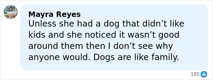 Comment from Mayra Reyes discussing reasons behind rehoming pets and the importance of dogs as family, sparking pet rehoming debate. Comment from Mayra Reyes discussing reasons behind rehoming pets and the importance of dogs as family, sparking pet rehoming debate.
