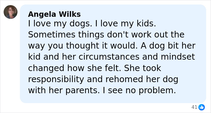 Comment from Angela Wilks defending Jennifer Lawrence's decision to rehome her dog after 9 years due to safety concerns. Comment from Angela Wilks defending Jennifer Lawrence's decision to rehome her dog after 9 years due to safety concerns.