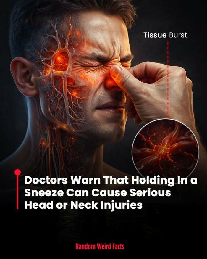 Man pinching nose to hold in a sneeze with highlighted head tissue burst warning in 100 facts that linger in your head.