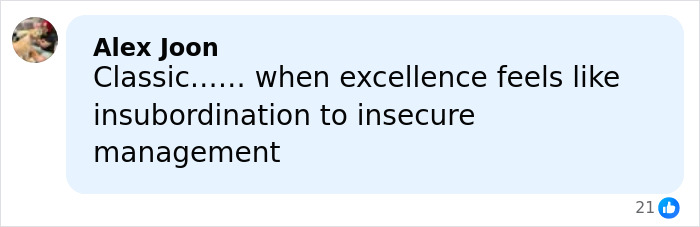 Comment from Alex Joon discussing feelings of excellence being mistaken for insubordination by insecure management.