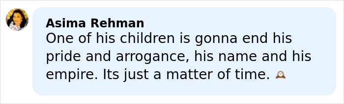 Comment by Asima Rehman expressing opinion on Elon Musk's child affecting his pride and empire, with thoughtful emoji.