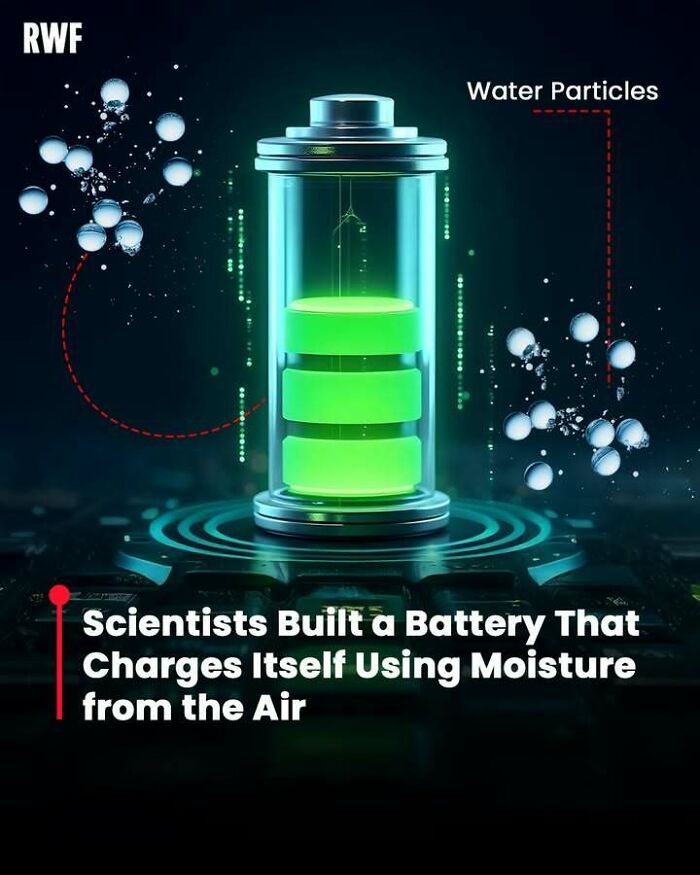 Battery charging itself using moisture from the air with water particles illustrated around a glowing green battery.