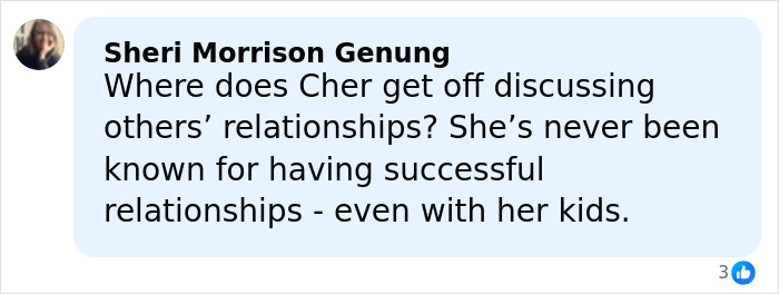 Facebook comment criticizing Cher's rude comment about Kristen Bell and Dax Shepard's marriage, small profile photo Facebook comment criticizing Cher's rude comment about Kristen Bell and Dax Shepard's marriage, small profile photo
