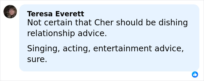 Social media comment criticizing Cher referencing Kristen Bell and Dax Shepard marriage Social media comment criticizing Cher referencing Kristen Bell and Dax Shepard marriage