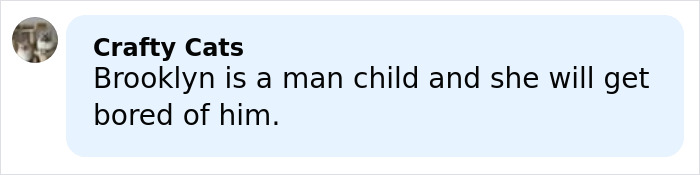 Comment about Brooklyn by Crafty Cats in a social media post discussing Nicola Peltz's tattoo message at Beckham family