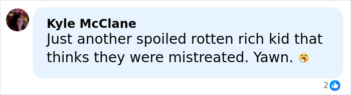 Comment on social media expressing criticism about a spoiled and mistreated rich kid, with an upset emoji.