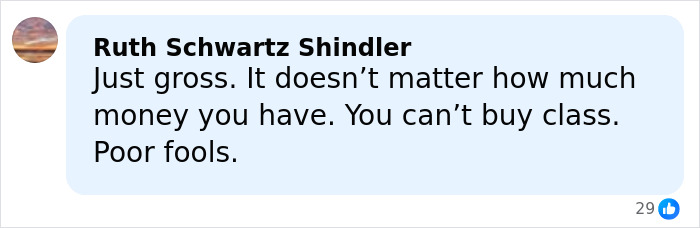 Comment by Ruth Schwartz Shindler criticizing wealth and class, related to Nicola Peltz's tattoo pointed message at Beckham family translation.