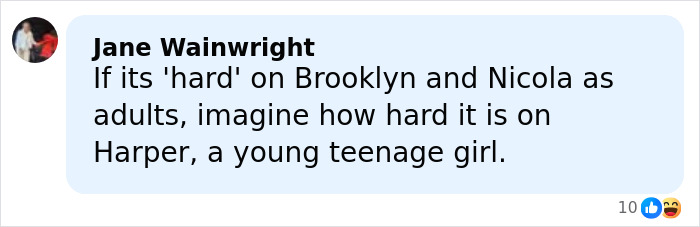 Comment by Jane Wainwright discussing the challenges faced by Harper Beckham, a young teenage girl, amid family issues.