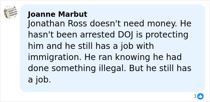 Comment about ICE agent and DOJ protection highlighting controversy over billionaire donation and immigration issues.