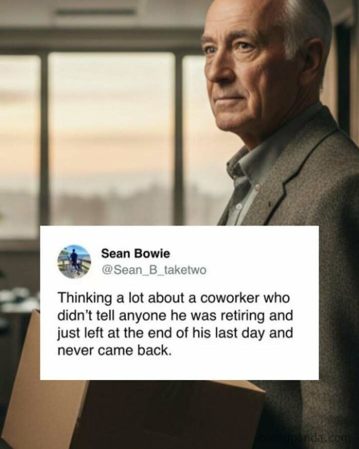 Older man holding box looking thoughtful beside a funny screenshot about a coworker quietly retiring from work.