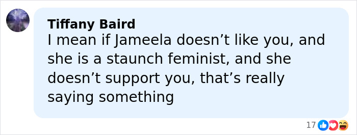 Screenshot of a social media comment discussing British actress Jameela Jamil&rsquo;s critical view of Blake Lively.