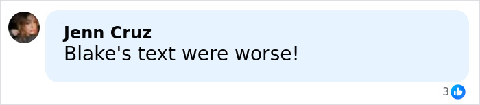 Comment by Jenn Cruz saying Blakes text were worse in a social media style blue speech bubble, related to British actress Jameela Jamil insult Blake Lively texts.