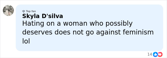 Comment from Skyla D'silva discussing feminism in response to British actress Jameela Jamil insulting Blake Lively.