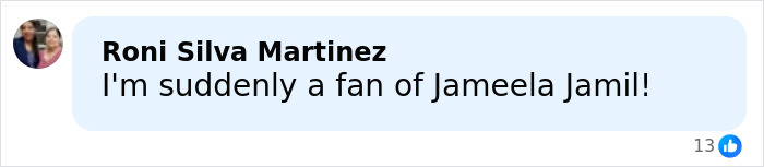 Screenshot of a social media comment praising British actress Jameela Jamil for her outspoken remarks about Blake Lively.