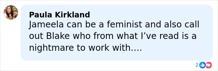 Comment by Paula Kirkland discussing British actress Jameela Jamil calling out villain Blake Lively in revealed texts.