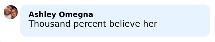 Comment by Ashley Omegna reading Thousand percent believe her on a white background. British actress Jameela Jamil mentioned.