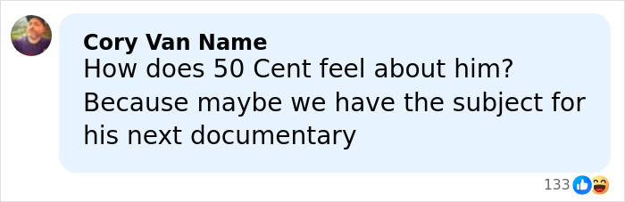 Comment by Cory Van Name questioning 50 Cent's opinion on Will Smith accused of harassing and grooming musician.