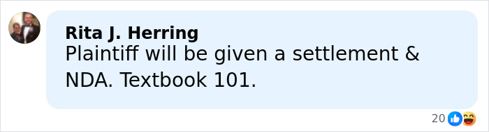 Comment by Rita J. Herring discussing a plaintiff settlement and NDA related to harassment and grooming lawsuit keywords.