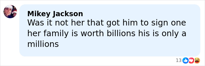 Comment by Mikey Jackson discussing the Beckham family feud and Brooklyn's prenup linking him to the Peltz family.