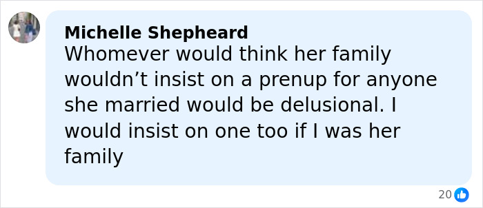 Comment from Michelle Shepheard discussing the Beckham family feud and Brooklyn&rsquo;s prenup linked to the Peltz family.