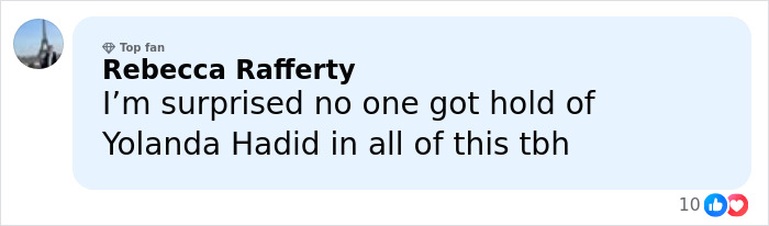 Comment from Rebecca Rafferty expressing surprise about Yolanda Hadid not being involved in the Beckham family feud news.