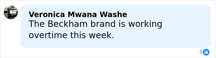 Comment from Veronica Mwana Washe about Beckham family feud mentioning Brooklyn's prenup linked to Peltz family.