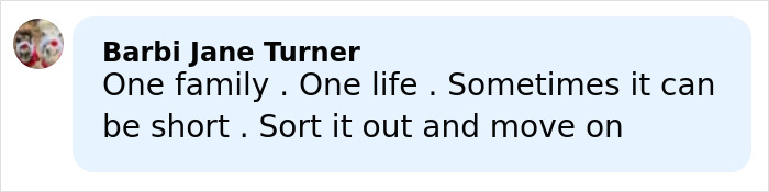 Comment by Barbi Jane Turner on light blue background about family and moving on after hardship.