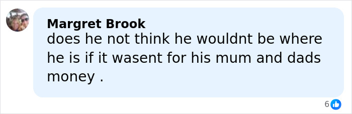 Comment from Margret Brook questioning someone's gratitude towards their parents for financial support in a social media post.