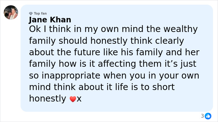 Comment by Jane Khan discussing the impact of a wealthy family conflict on their future and well-being.