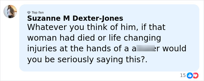 Facebook comment by Suzanne M Dexter-Jones discussing a serious incident and emotional response online.