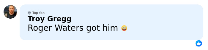 Comment by Troy Gregg mentioning Roger Waters with an amused emoji on a social media post about Piers Morgan.