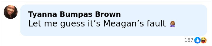 Comment by Tyanna Bumpas Brown saying Let me guess it&rsquo;s Meagan&rsquo;s fault with reaction icons on a social media post.