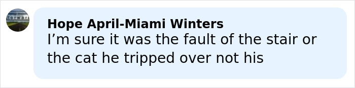 Comment from Hope April-Miami Winters blaming the stair or cat for an injury incident involving Piers Morgan and Donald Trump.