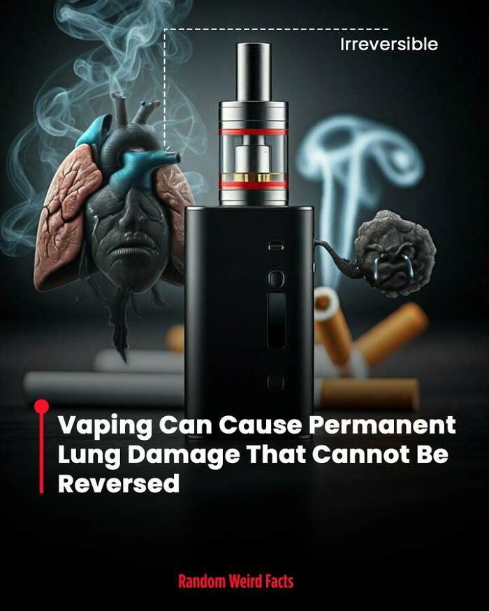 Vaping device emitting smoke with damaged lungs and warning about irreversible lung damage in a health fact image.